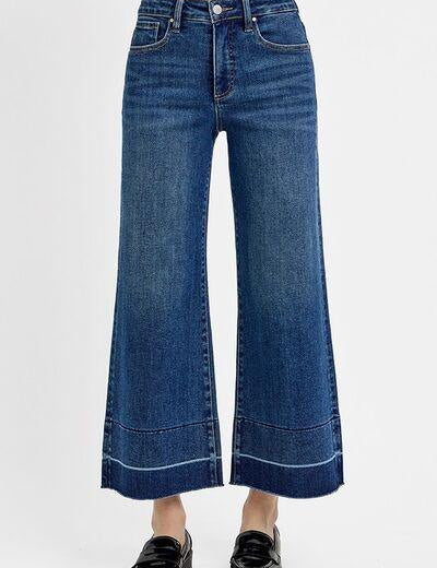 Dark RISEN Tummy Control High Rise Crop Wide Hem Jeans | Jeans Daverri Fashions