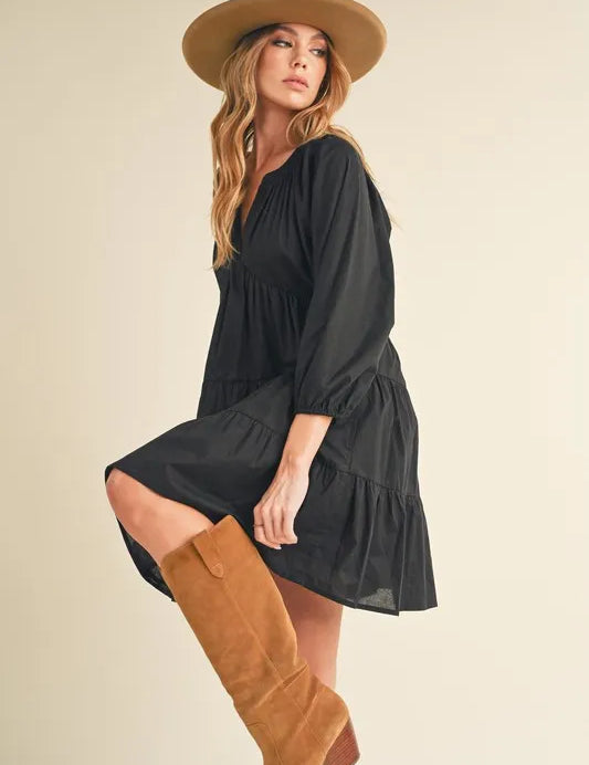 Aemi + Co Notched Balloon Sleeve Tiered Mini Dress | Daverri Fashions