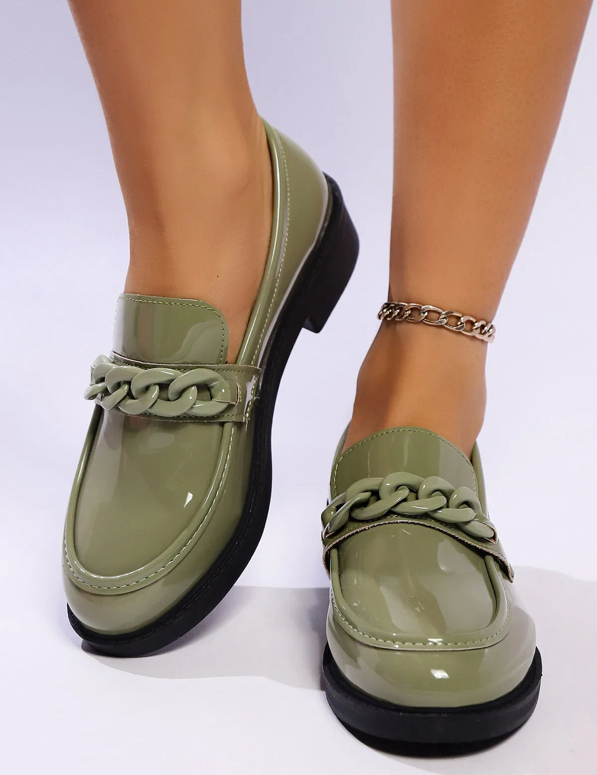 Green Round Toe Chain Detail Loafers | Shoes Daverri Fashions