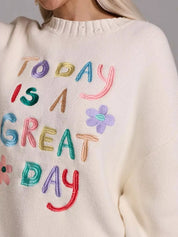Embroidered 'Great Day' Dropped Shoulder Sweater | Sweaters Daverri Fashions