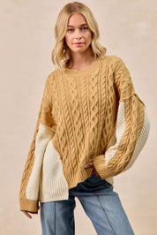 LT MUSTARD IVORY BiBi Cable Knit With Hacci Combo Sweater With Uneven Hem Detail | Sweaters Daverri Fashions