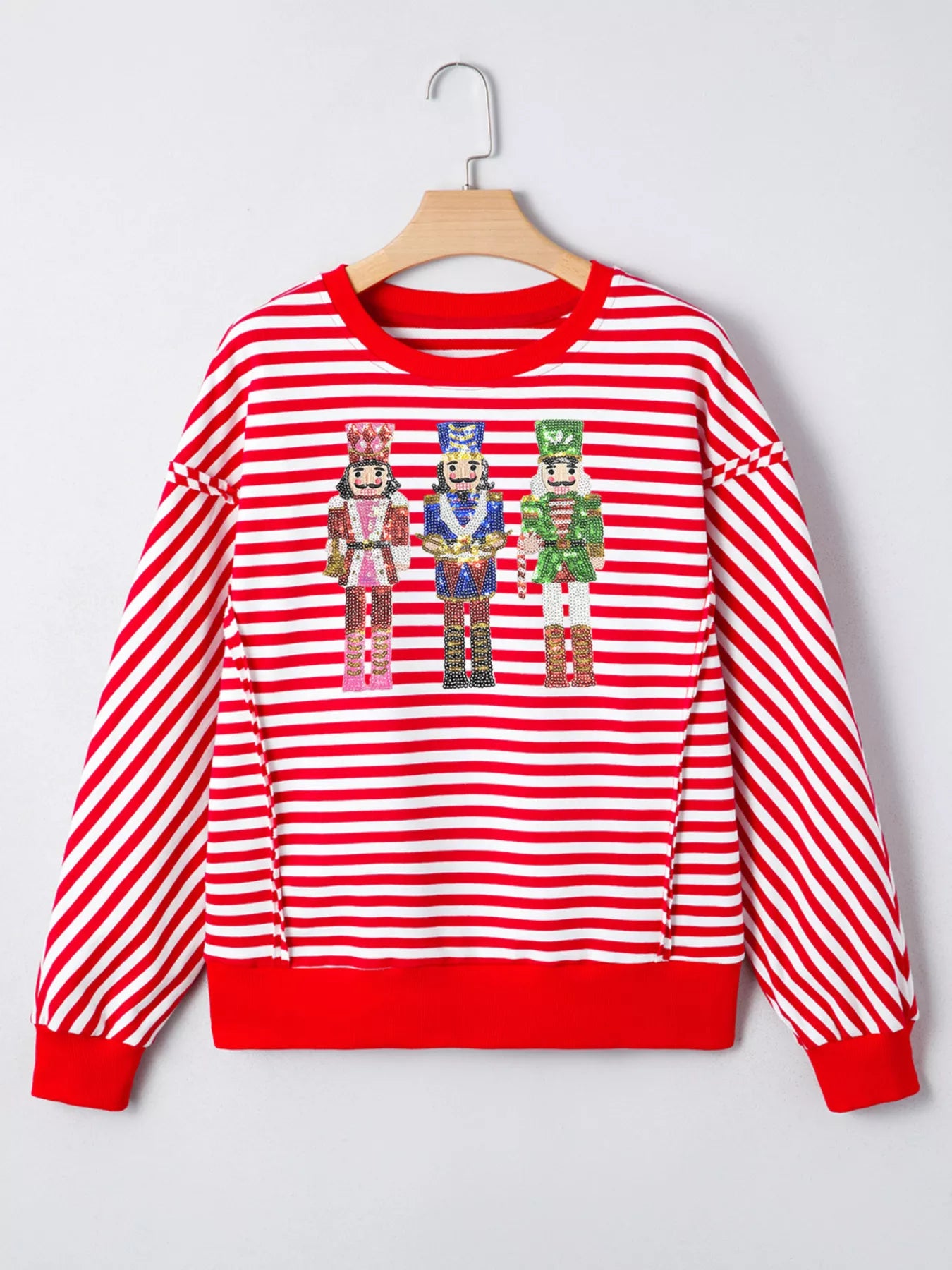 Stripe Christmas Nutcracker Sequin Patched Drop Shoulder Top | Tops Daverri Fashions