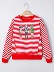 Stripe Christmas Nutcracker Sequin Patched Drop Shoulder Top | Tops Daverri Fashions