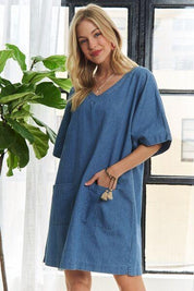 ADORA V-Neck Half Sleeve Mini Denim Dress | Mini Dresses Daverri Fashions