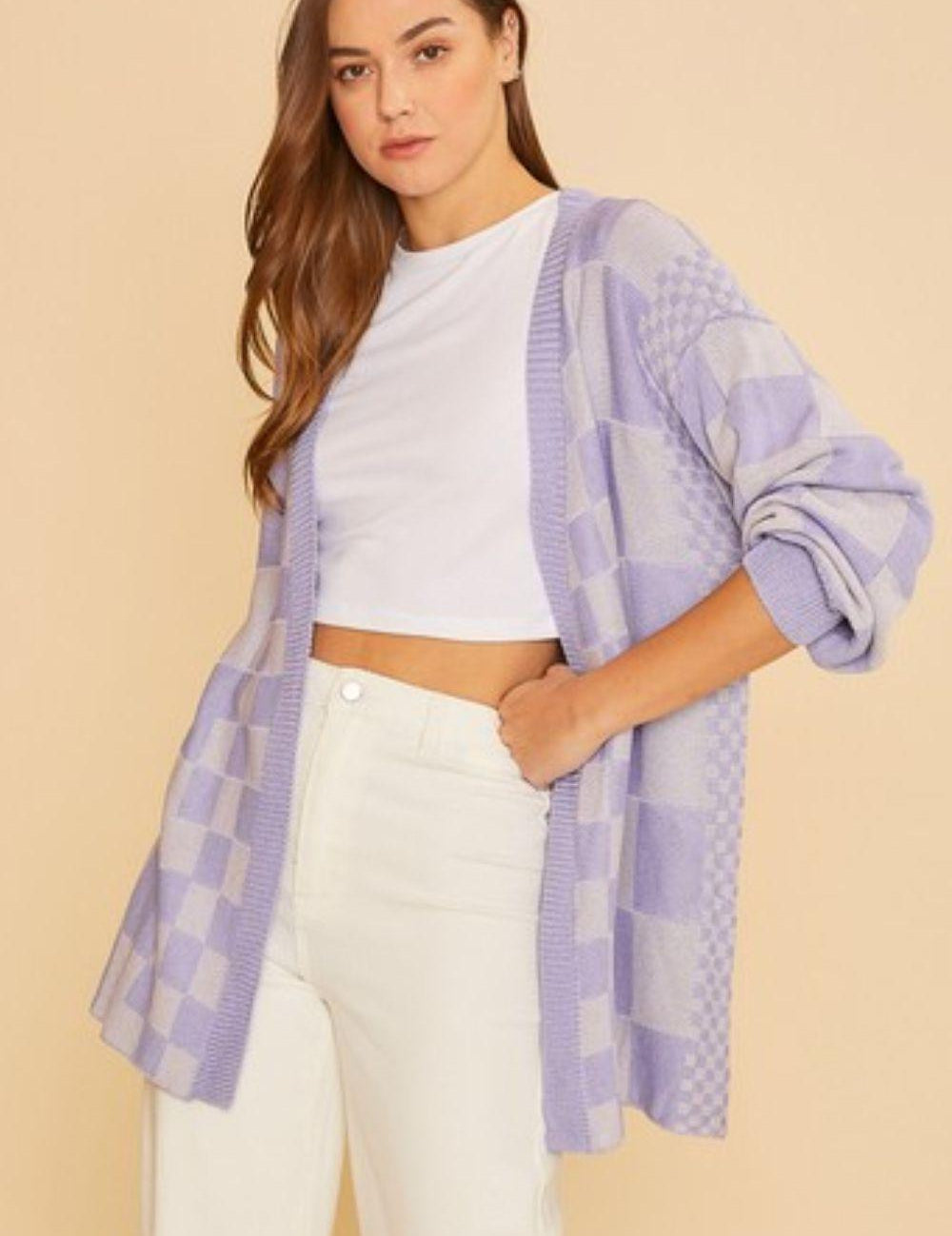 Lavender Annie Wear Checkered Open Front Drop Shoulder Cardigan | Cardigans Daverri Fashions
