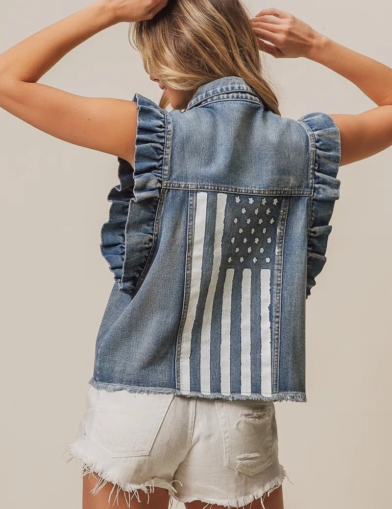 BiBi American Flag Washed Denim Jacket | Jackets Daverri Fashions