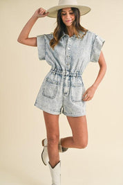 Annie Wear Elastic Waistband Short Sleeve Denim Romper | Denim Rompers Daverri Fashions