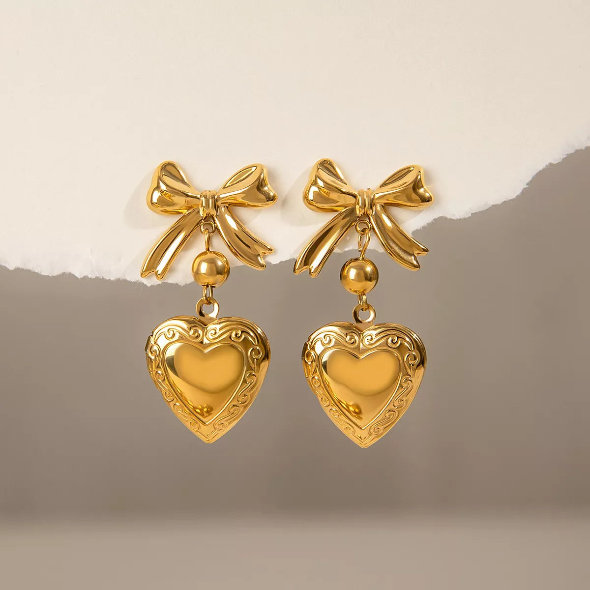 18K Gold-Plated Bow Heart Drop Locket Earrings | Earrings Daverri Fashions