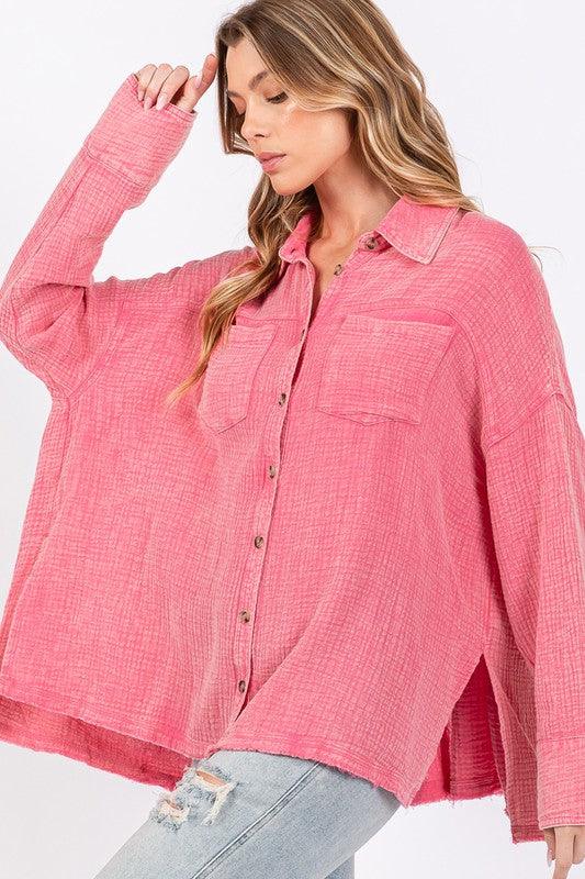 SAGE + FIG Frayed Hem Side Slit Button Down Shirt | Daverri Fashions