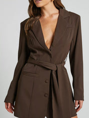 Coffee Lapel Collar Tie Waist Mini Blazer Dress | Mini Dresses Daverri Fashions