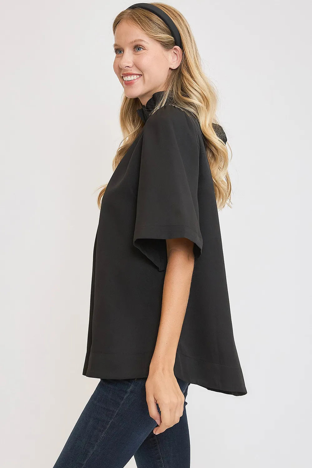 Umgee Bow Tie Back Mock Neck Half Sleeve Blouse | Daverri Fashions