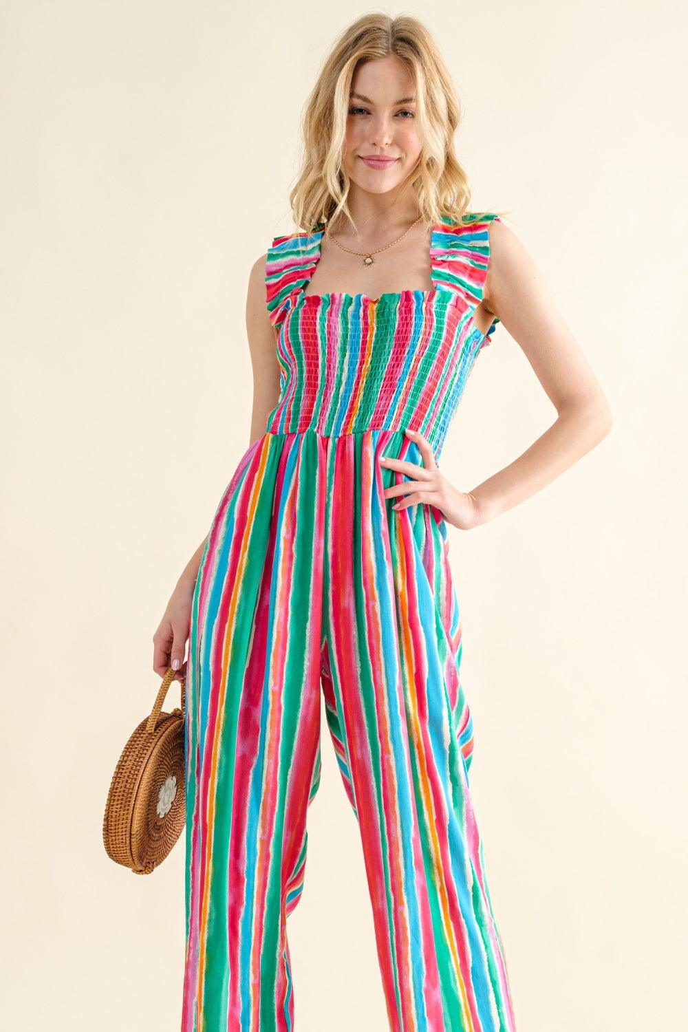 And The Why Full Size Striped Smocked Sleeveless Jumpsuit | Daverri Fashions