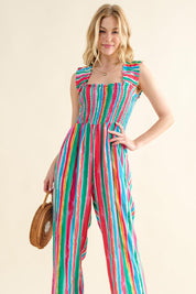 And The Why Full Size Striped Smocked Sleeveless Jumpsuit | Daverri Fashions
