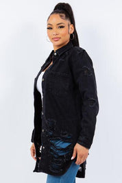 American Bazi Distressed Button Up Long Sleeve Denim Jacket | Daverri Fashions