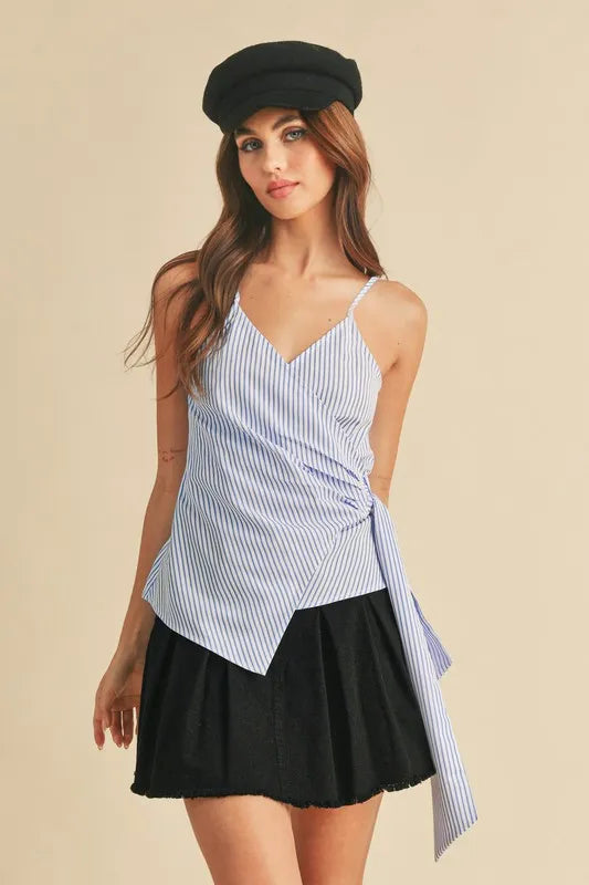 White Sky Aemi + Co Side Knotted Surplice Striped Cami | Daverri Fashions