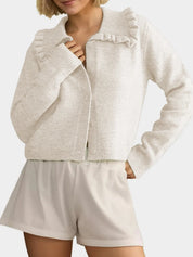White Frill Button Up Collared Neck Long Sleeve Cardigan | Cardigans Daverri Fashions