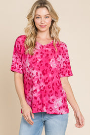 BOMBOM Leopard V-Neck Short Sleeve T-Shirt | Daverri Fashions