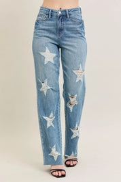Judy Blue Full Size High Waist Rigid Magic Star Shaped Destroy 90's Straight Jeans Plus Size | Jeans Daverri Fashions