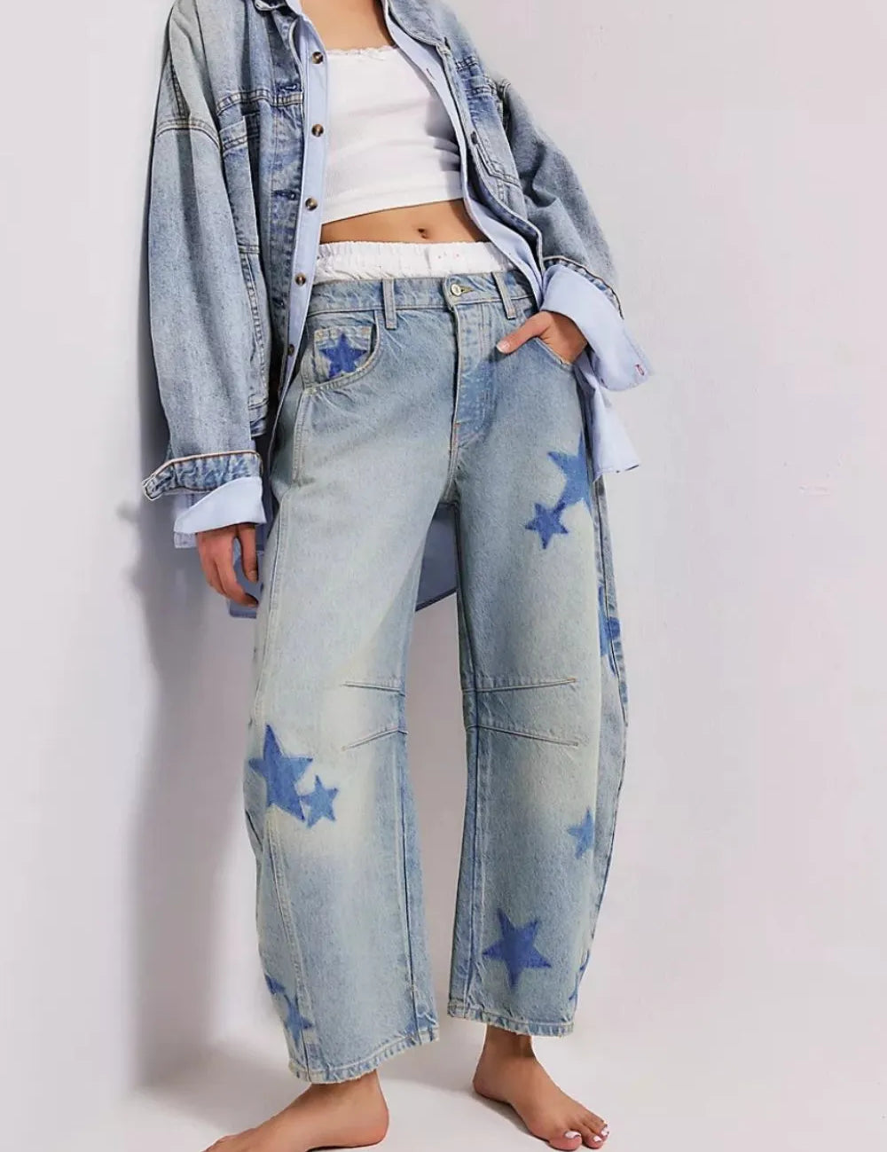 Contrast Star Wide Leg Jeans | Jeans Daverri Fashions