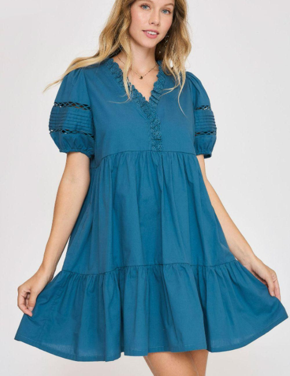 Cerulean Lace Detail Puff Sleeve Mini Dress | Mini Dresses Daverri Fashions