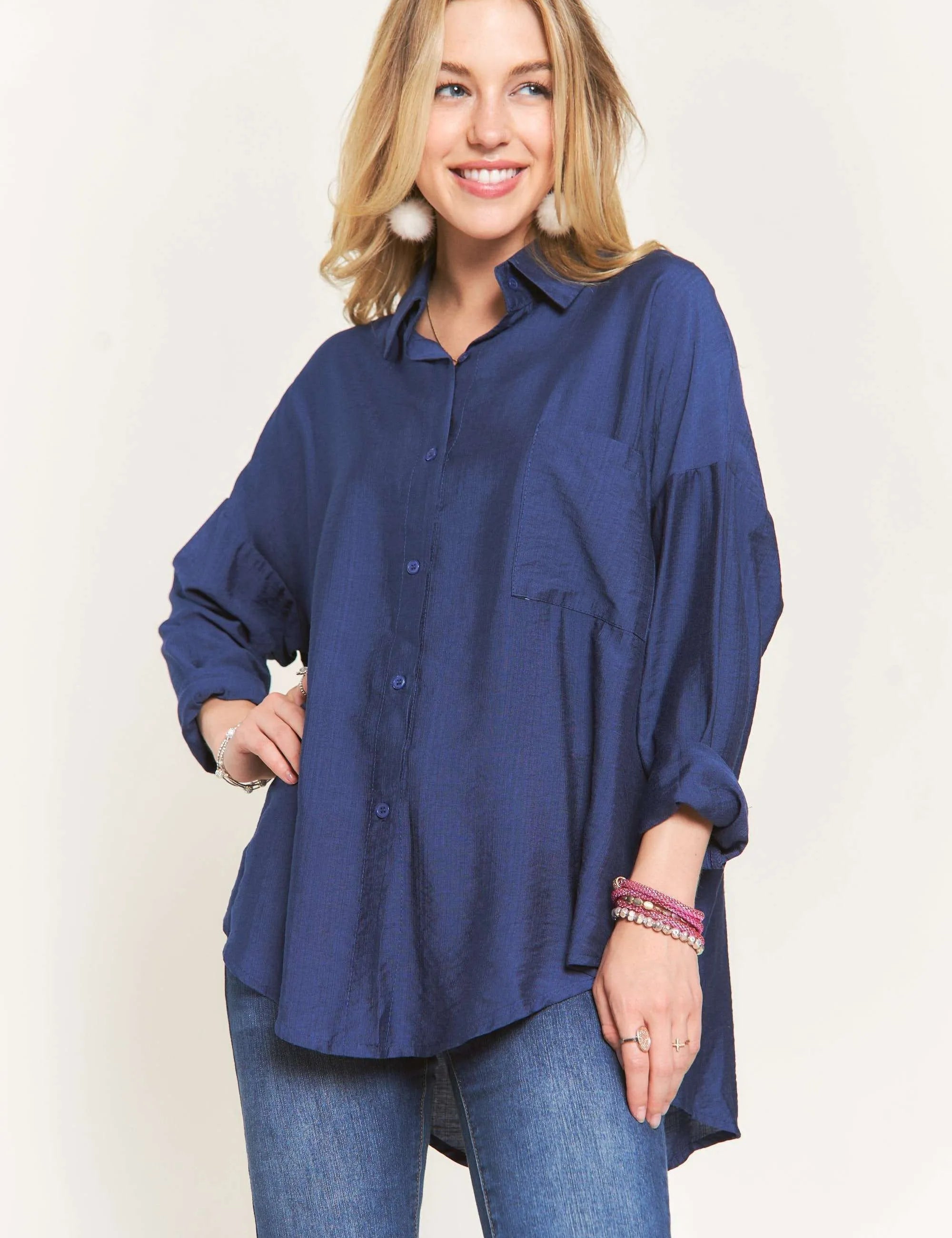 NAVY ADORA Button Down Linen Shirt | Daverri Fashions