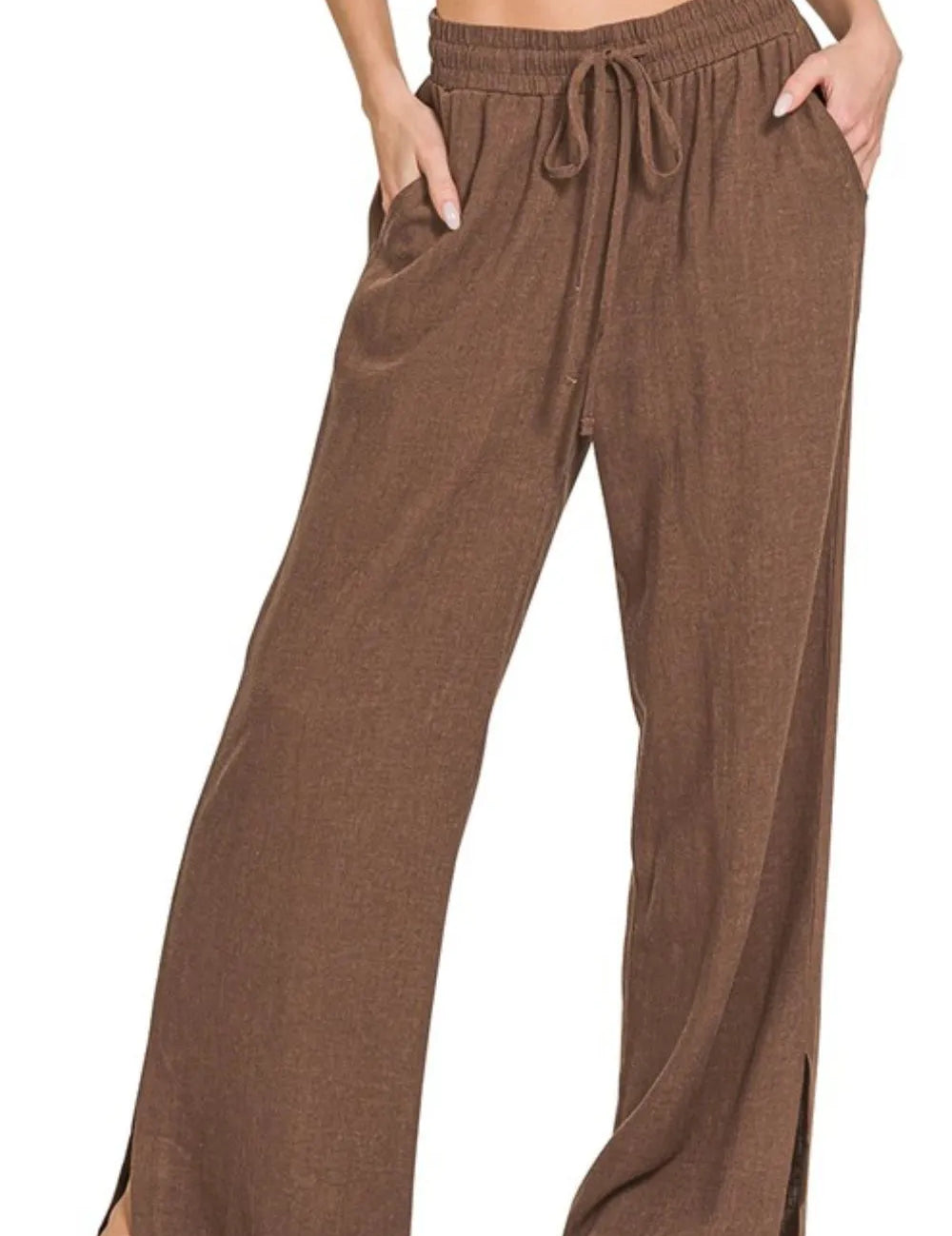 BROWN Zenana Linen Drawstring Pants Brown | Pants Daverri Fashions