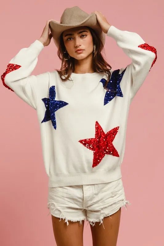 IVORY BiBi Velvet Sequin Star Patches Sweater Top | Sweaters Daverri Fashions