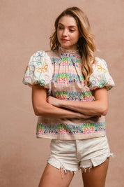 BiBi Ruffle Neckline Blouse With Embroidery Bubble Sleeve | Daverri Fashions