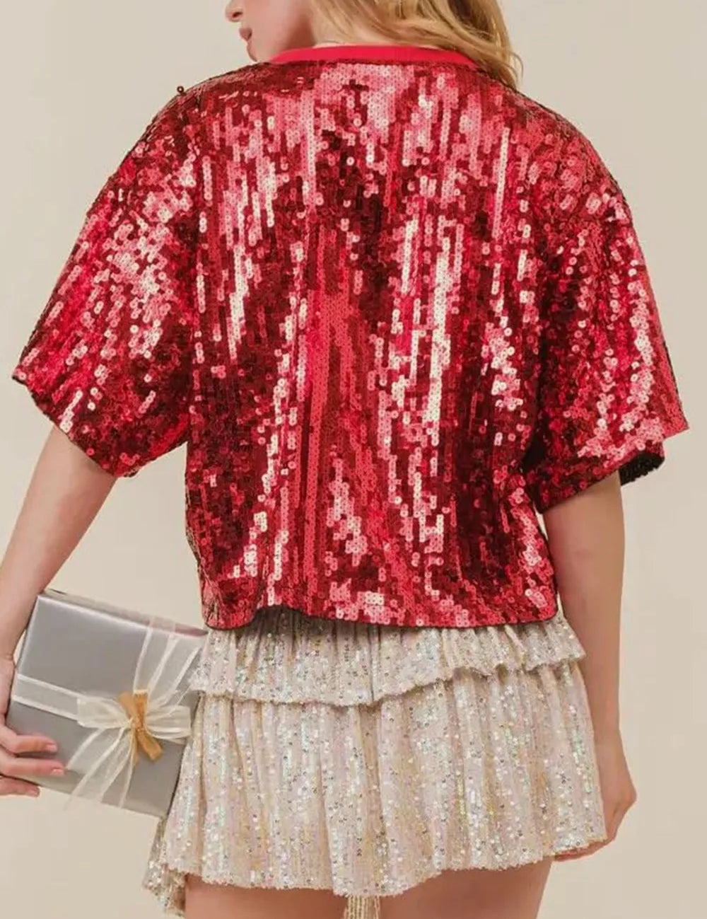 Sequin Bow Graphic Round Neck Half Sleeve T-Shirt | T-Shirts Daverri Fashions