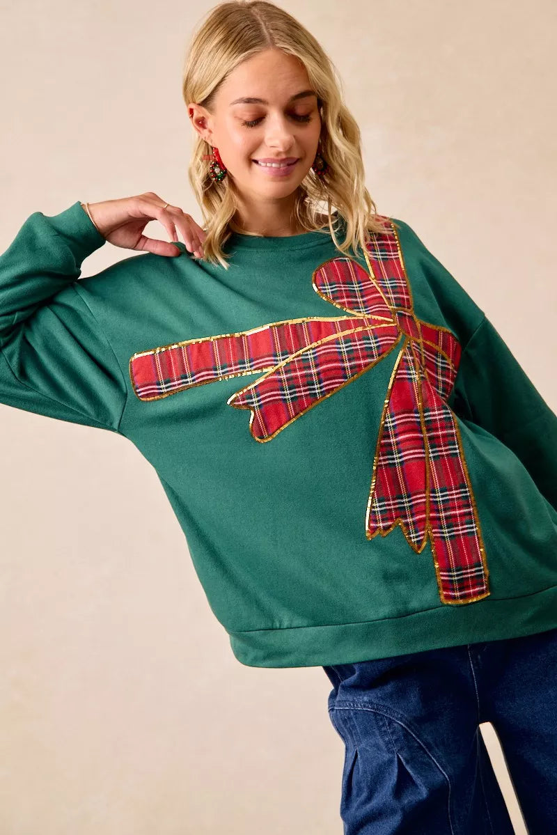 BiBi Plaid Ribbon Bow Detail Christmas Fleece Pullover | Sweatshirts Daverri Fashions