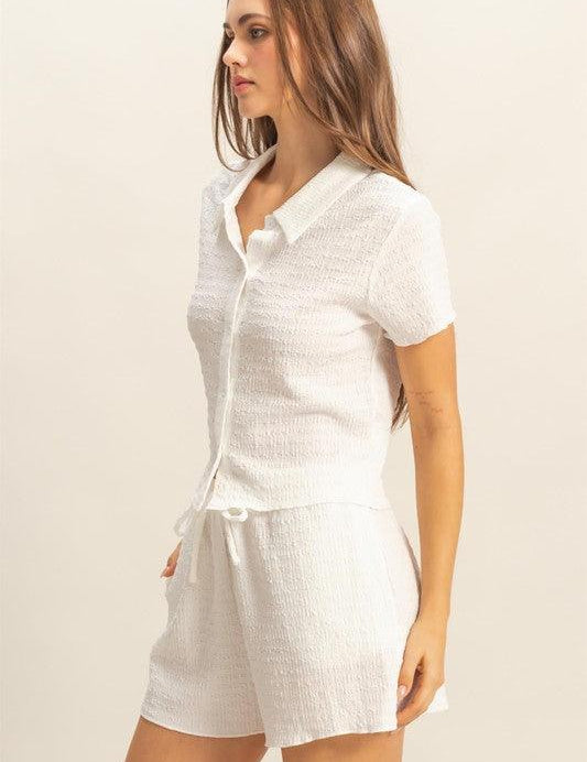 HYFVE Textured Short Sleeve Top and Drawstring Shorts Knit Set | Outfit Sets Daverri Fashions