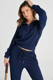 Navy Drawstring Half Zip Hoodie and Joggers Active Set | Loungewear Sets Daverri Fashions