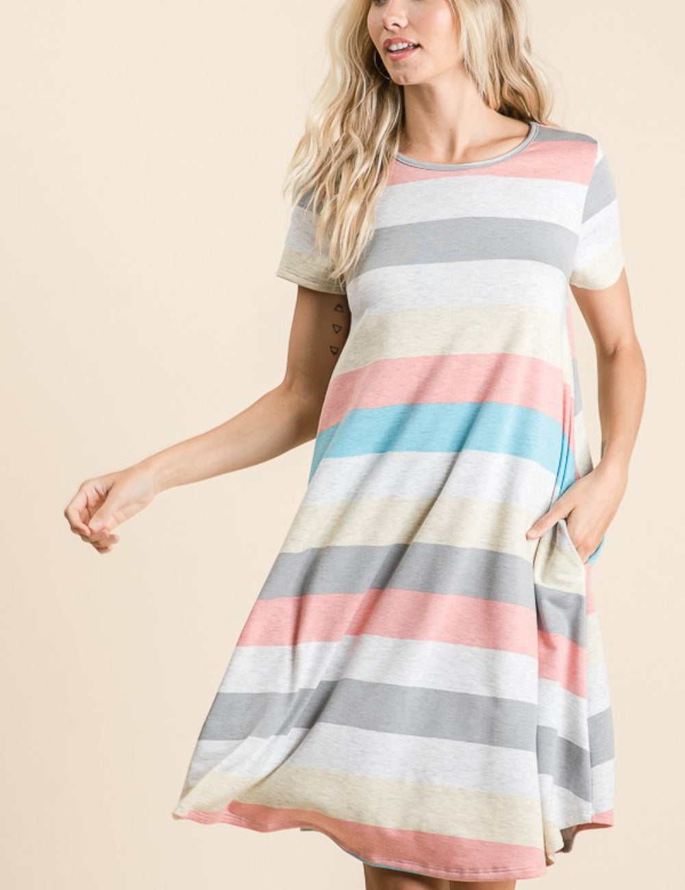 Stripe BOMBOM Striped Short Sleeve Dress with Pockets | Daverri Fashions