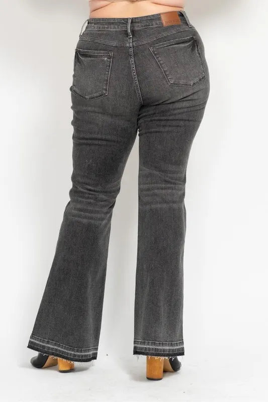 Judy Blue Full Size Mid Rise Tummy Control Washed Gray Release Hem Flare Jeans Plus Size | Daverri Fashions