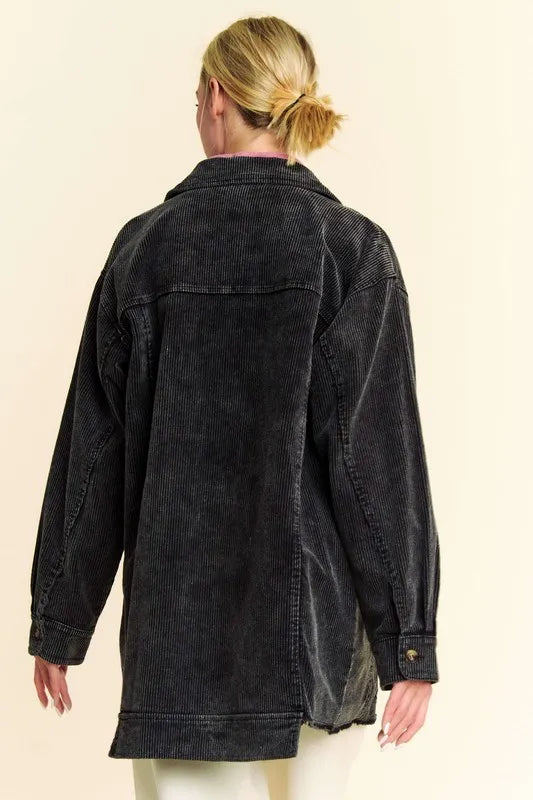 Davi & Dani Washed Corduroy Raw Hem Button Up Jacket | Daverri Fashions
