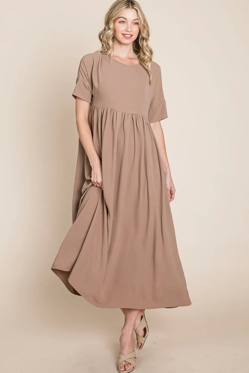 BOMBOM Round Neck Ruched Midi Dress | Daverri Fashions