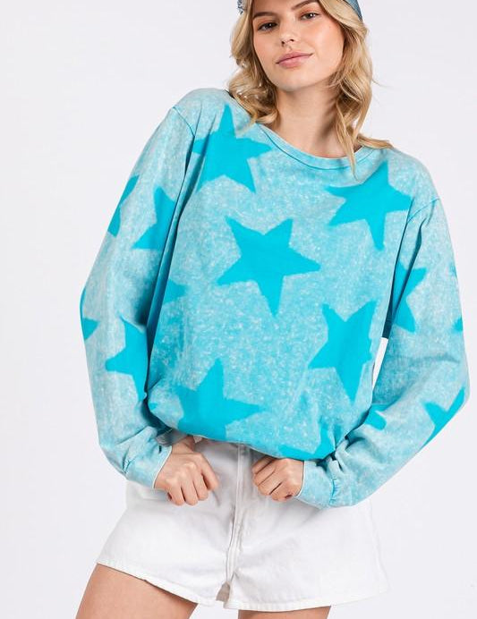 Aqua SAGE + FIG Mineral Wash Star Pattern T-Shirt | T-Shirts Daverri Fashions