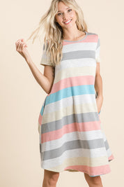 BOMBOM Striped Short Sleeve Dress with Pockets | Daverri Fashions