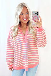 Striped Buttoned V Neck Collared Drop Shoulder Top | Tops/Long Sleeve Tops Daverri Fashions