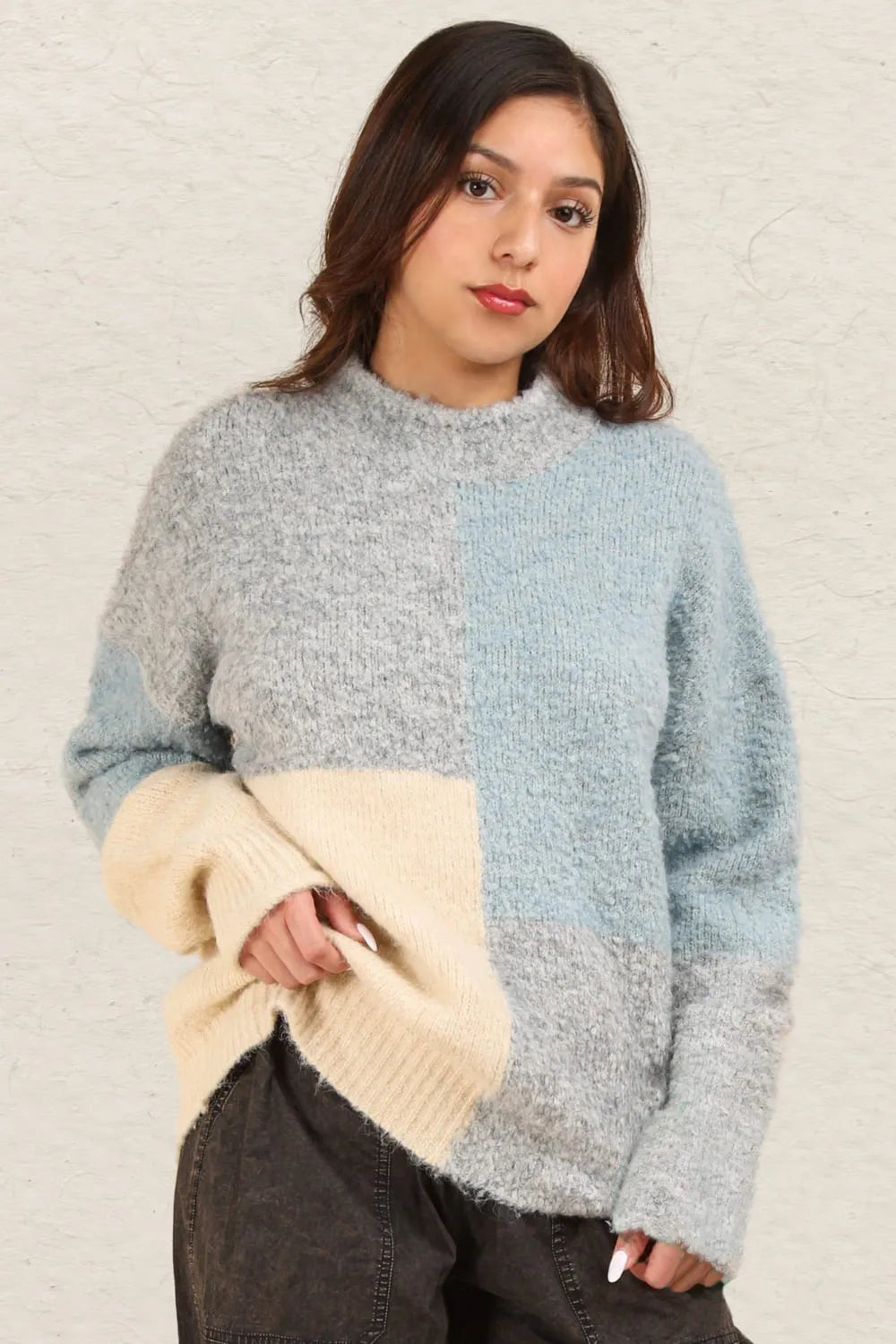 Grey VERY J Color Block Mock Neck Drop Shoulder Sweater Grey | Sweaters Daverri Fashions