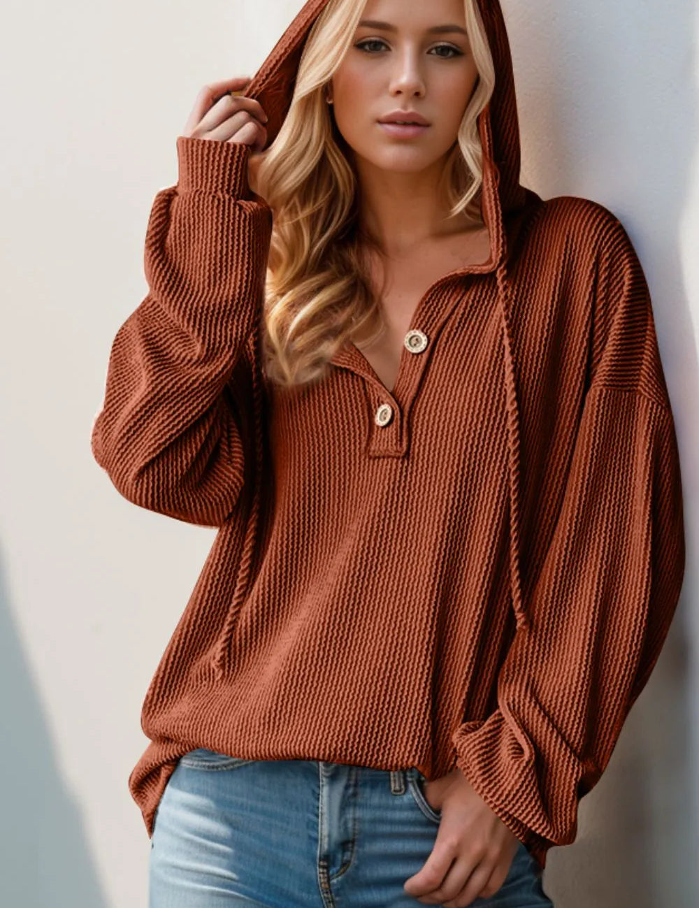 Caramel Double Take Full Size Half Button Long Sleeve Hoodie | Hoodies Daverri Fashions