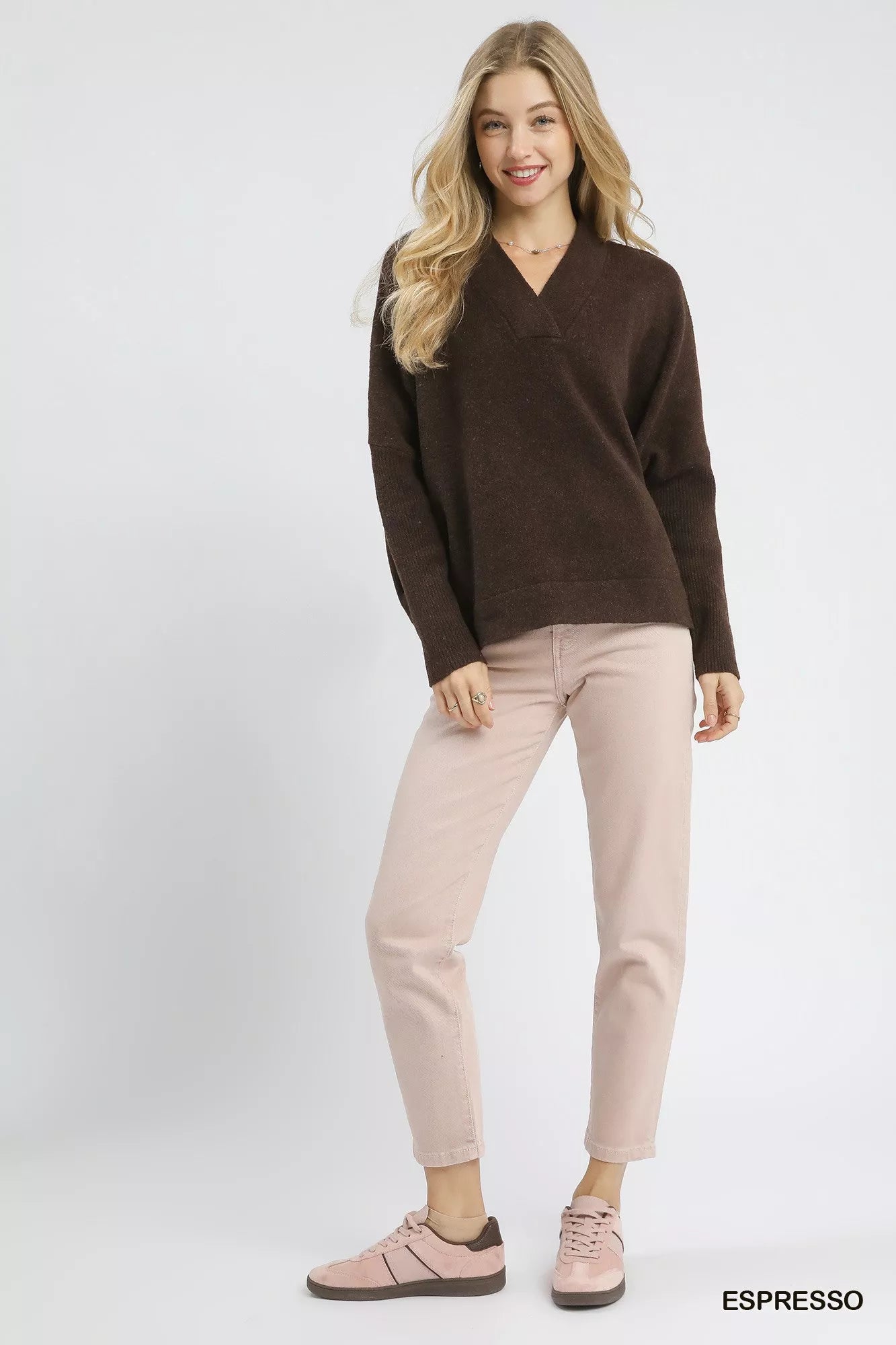 Umgee V-Neck Sweater with Wide Trim Detail | Sweaters Daverri Fashions