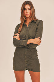 Dk Olive MABLE Front Ruched Button-Down Skinny Mini Shirt Dress | Mini Dresses Daverri Fashions