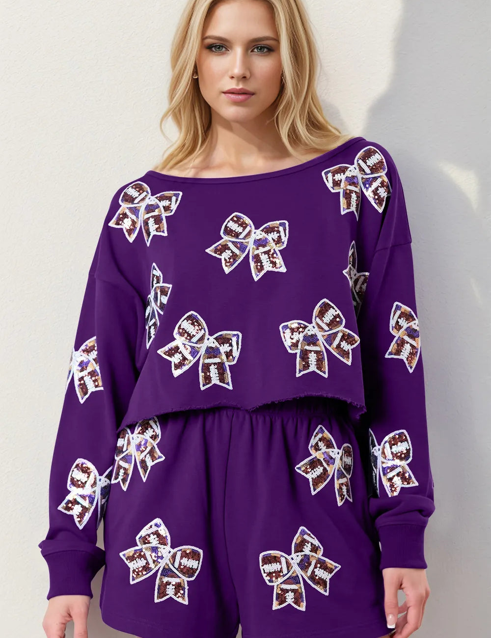 Violet Double Take Sequin Bow Cropped Top and Shorts Set | Loungewear Sets Daverri Fashions