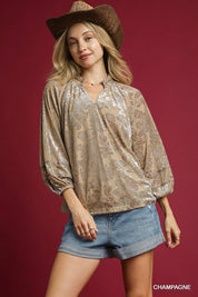 CHAMPAGNE Umgee Floral Velvet Blouse with Balloon Sleeves | Blouses Daverri Fashions
