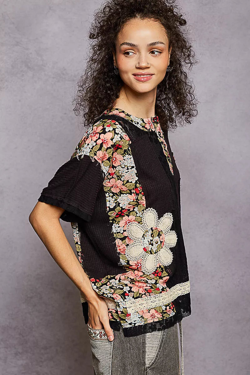 POL Lace Round Neck Short Sleeve Floral Pattern Top with Patch Detail | Blouses Daverri Fashions