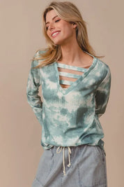 BiBi Variegated Tie Dye Rib V-Neck Top with Strapped | Tops Daverri Fashions
