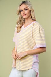 Striped Short Sleeve Drawstring Hooded Top | Tops Daverri Fashions