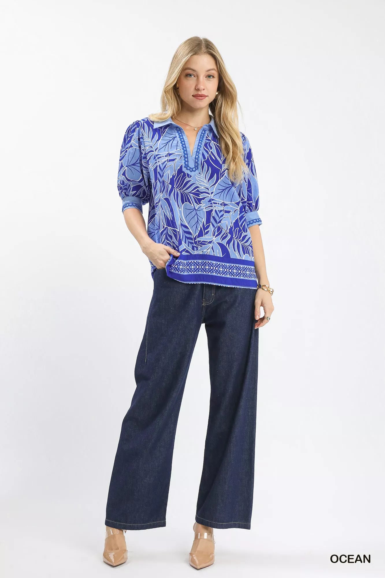 Umgee Tropical Print Puff Sleeve Blouse | Blouses Daverri Fashions