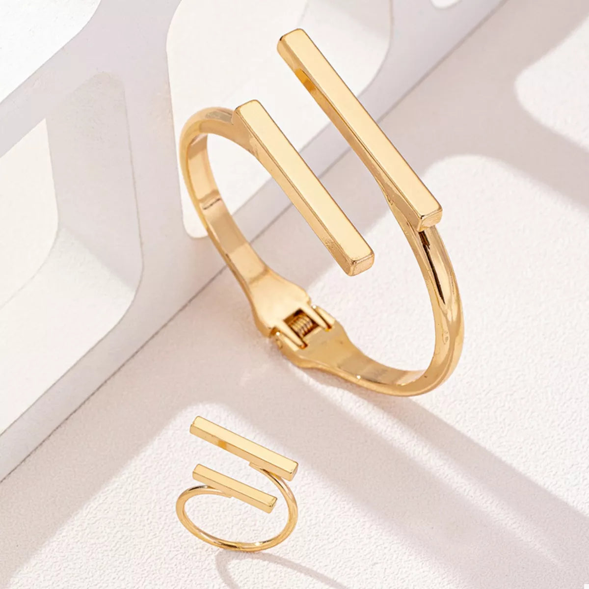 Adjustable 18K Gold-Plated Modern Bar Bracelet and Ring Jewelry Set | Jewelry Sets Daverri Fashions